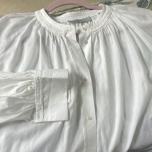 Vince | White Cotton, Pleated Band Collar Blouse Size Medium EUC